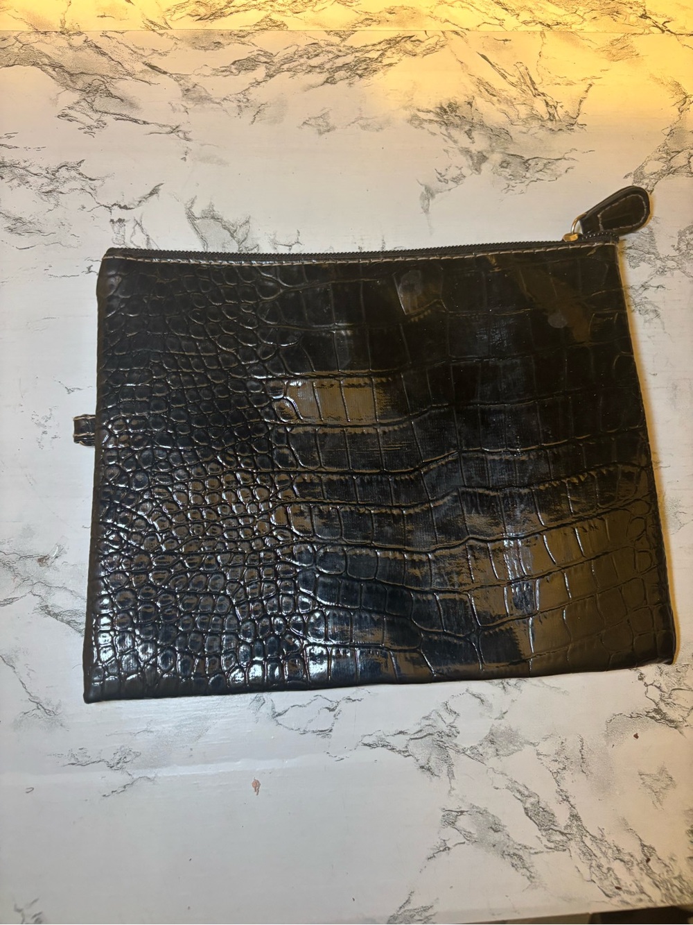 Black Croc-Embossed Leather Zip Pouch - Men
